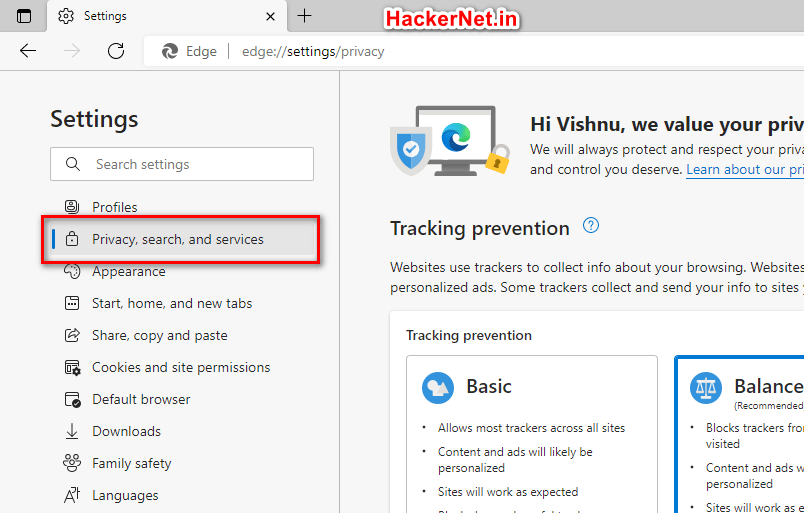 Privacy, Search, and Service settings in Edge -Clear Browser Cache in Edge
