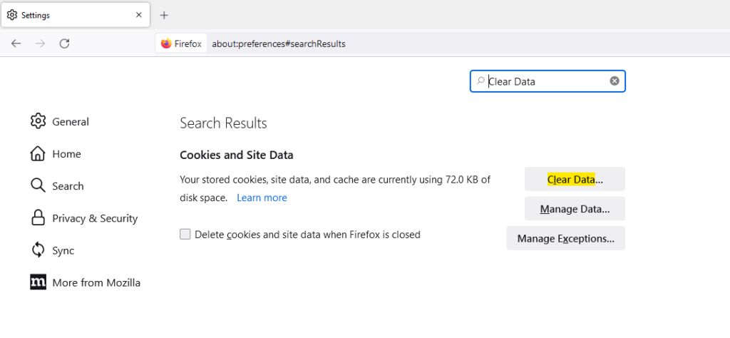 Clear Data in Firefox search - step in the guide How to Clear Cache in Firefox 