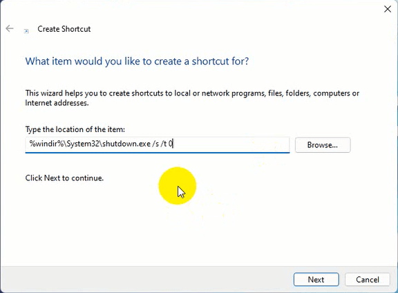 Shortcut file to Shutdown Windows PC with a single click